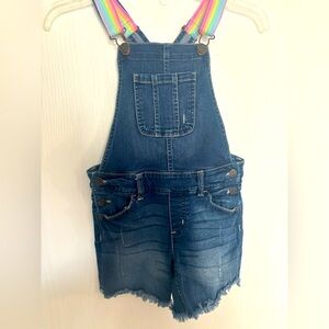 Justice | Justice distressed overall with rainbow straps, snap side buttons sz10